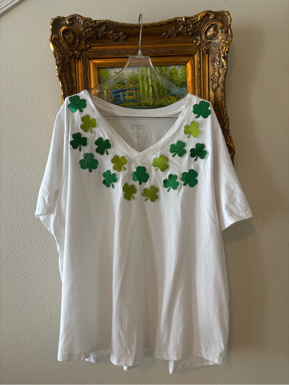 Terra & Sky White V-Neck Tee with Green Shamrocks